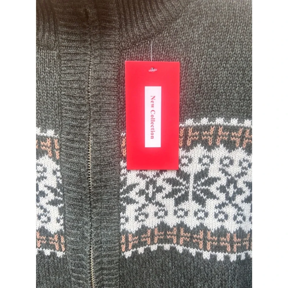 Mens Fair Isle Snowflake Zip Up Sweater Jacket Green‎ Tan White Size M Winter